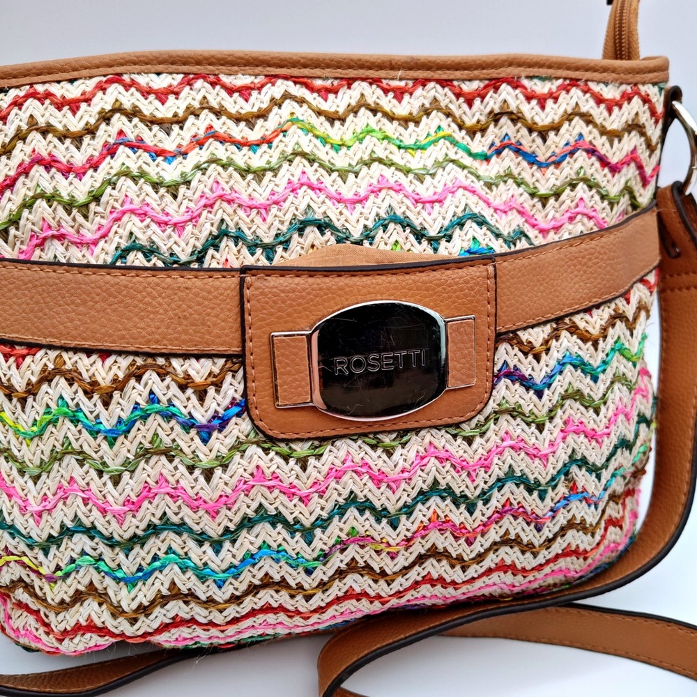 Rosetti Multicolor Chevron Crossbody Bag Boho Woven Straw Look Purse - Picture 2 of 8